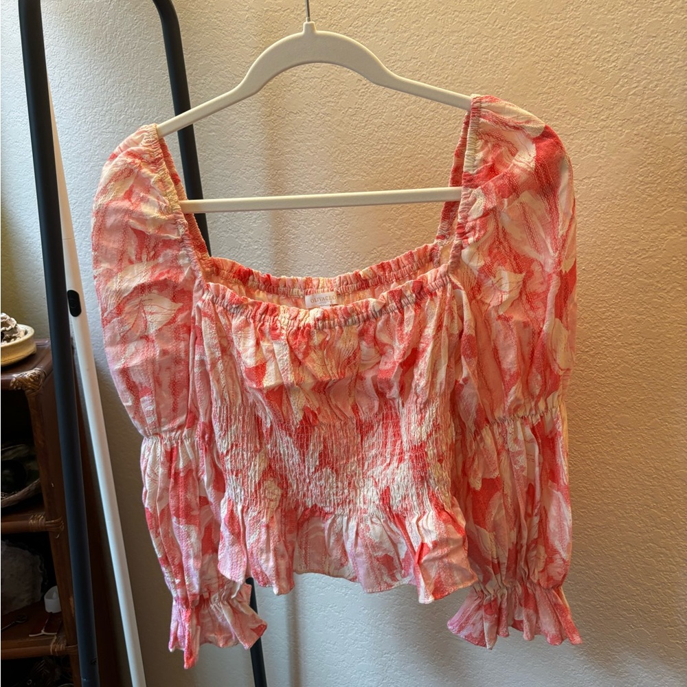 Olivaceous Pink Puff Sleeve Blouse with Ruffled Neckline